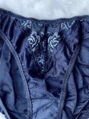 Vintage Silky Navy Polyester Nylon Panties Sheer Lace Hi Cut Bikini Briefs SZ.5