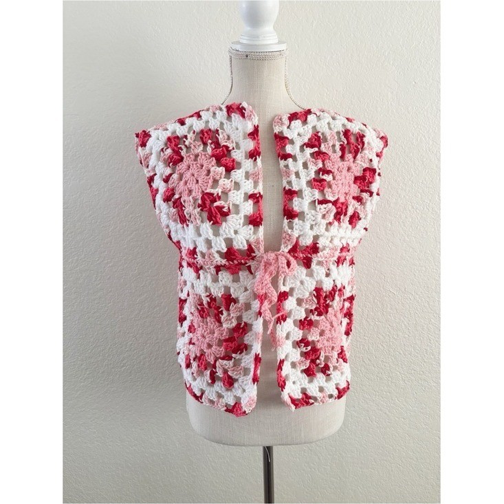 Handmade Crochet Granny Square Vest Size M Pink White Boho Tie Front