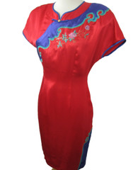 Vtg 60s-70s Silk Dress Red Cheongsam Qipao Wiggle Dress Embroidered Size Large