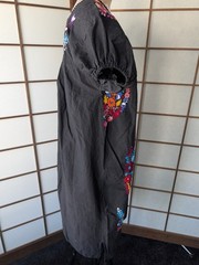 Vintage 70s Intricate Hand Embroidered Mexico Tourist Dress Peacock Sz M/L Black