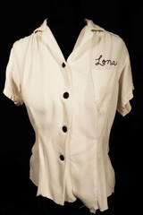 Vintage 1950’s White Rayon Gabardine Embroidered Bowling Blouse Size M Exc Cond