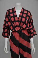 RARE Vintage 1970s Hanae Mori Red Black Graphic Print Cotton Wide Leg Jumpsuit S