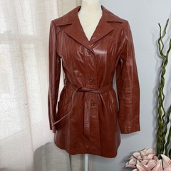 70s Vintage Leather Trench Coat Belted Faux Fur Lined Brown Women’s Size Small
