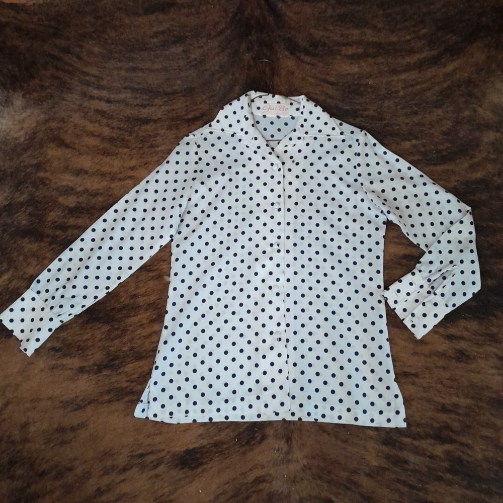 Vintage Womens Polka Dot Top White Navy Blue With Belt From Gai Bo El Paso Texas