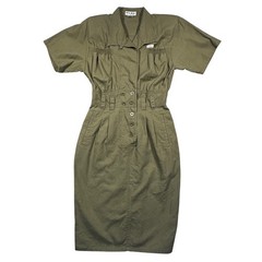 Vintage Nok Nok Dress Womens M Army Green Military Inspired Ramie Cotton Midi