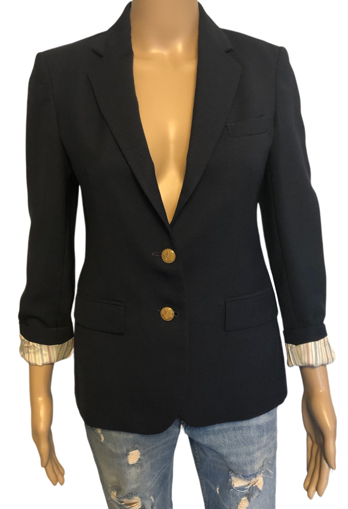 vtg 70s A.O. WHITE Navy Blue 2-Button Blazer Sz 6 Lined Contrast Sleeve Lining