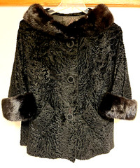 Vintage Mannis Black Karakul Curly Lamb Mink Fur Collar Cuffs 3/4 Coat Jacket M