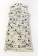 Vtg 60s DYNASTY Hong Kong Beaded Shift Dress British Crown Colony Cream 8 Flaw