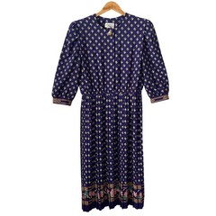 Lady Carol of New York Vintage 80s Purple Geometric Floral Pleated Midi Dress