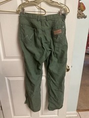 70s Wrangler Misses Jeans Green Denim Snap Button Wide Leg Flare Slim Sz 18 30w