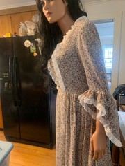VTG Womens Prairie Colonial Patriotic Handmade long beige calico Dress &Slip M