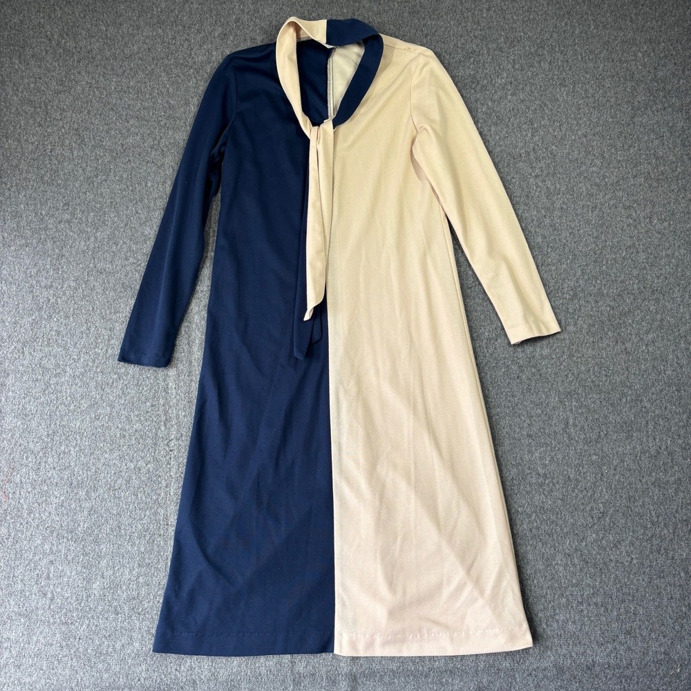 Vintage Sears The Fashion Place Navy Cream Colorblock Tie Neck Midi Dress 10