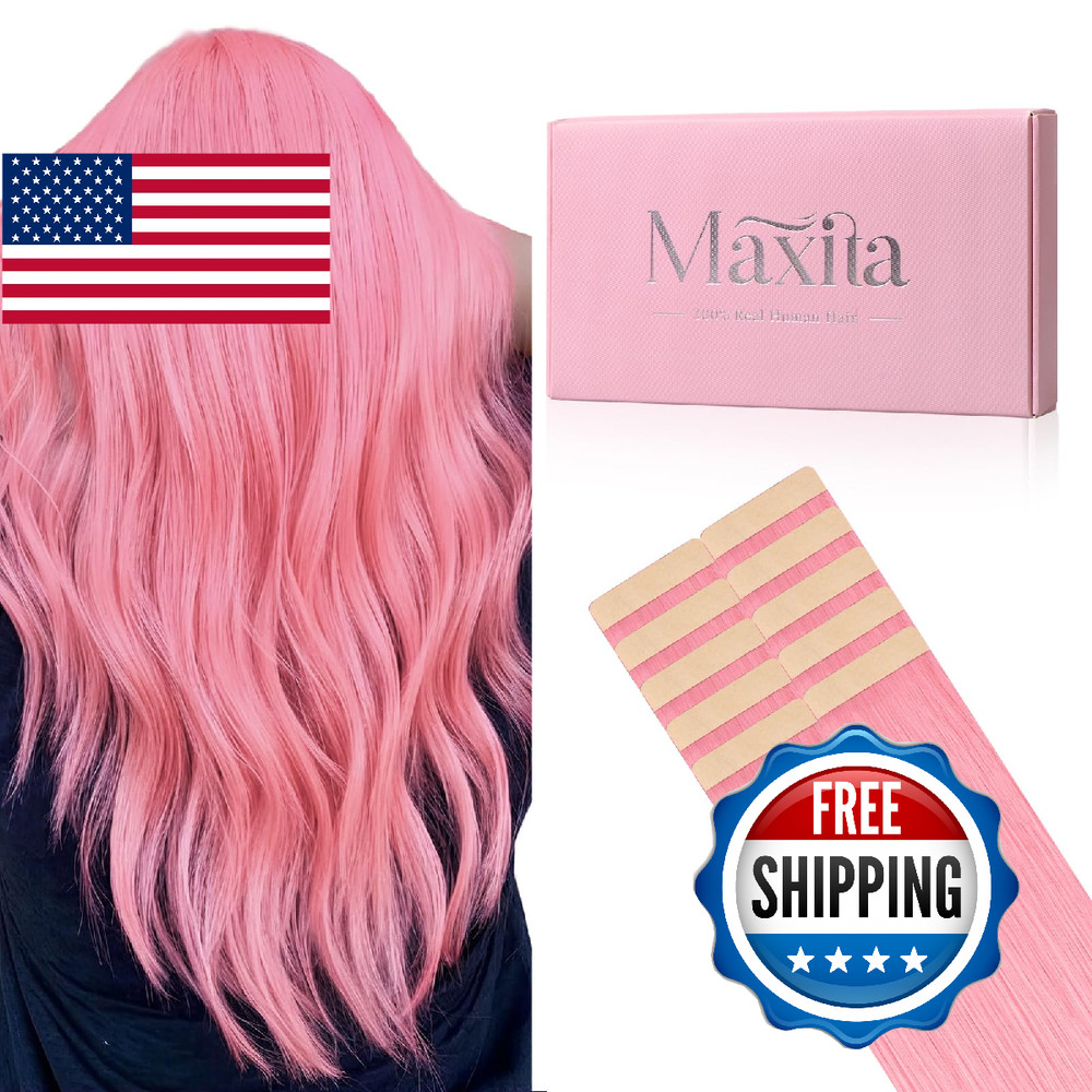 MAXITA Tape in Hair Extensions Human Hair Peach Pink 18 Inch 10pcs 25g Remy Silk