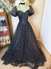 Vintage 1980s Black Tulle Velvet Flocked Ballgown Puff Sleeves Basque Waist Prom