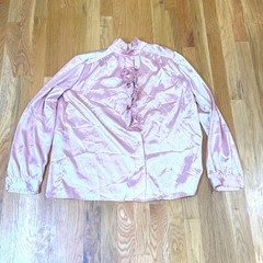 Vintage Pink Satin Ruffle High Neck Blouse Long Sleeve Button Up Top