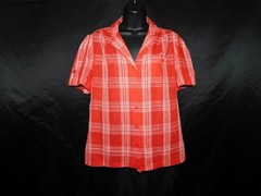 Vintage 70s Lady Manhattan S M Red Plaid Shirt Short Sleeve V Neck Blouse