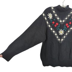 Vintage Honors Misses Sweater Women’s L Black White Floral Embroidered Argyle