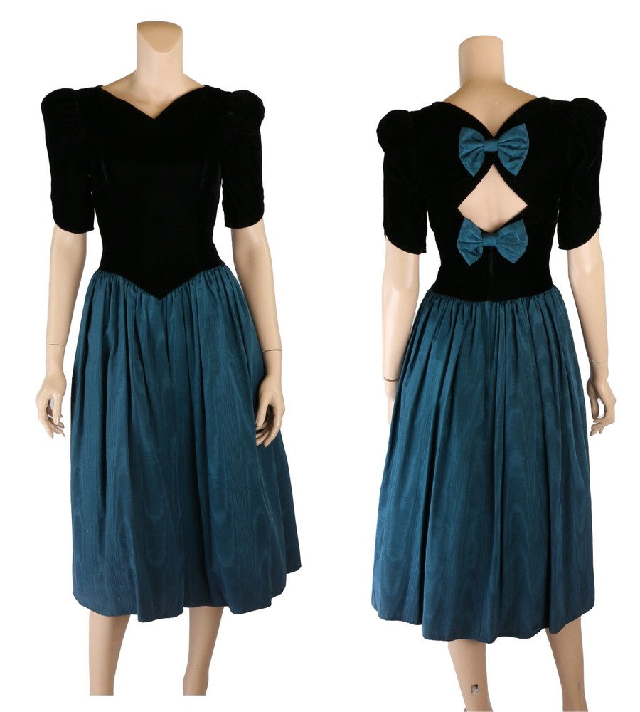 Jessica McClintock Gunne Sax Vintage 80s Black &Teal Prom Party Dress sz 5/6