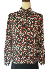 Lloyd Williams Vintage Blouse Black Red White Satin Polyester Size 4