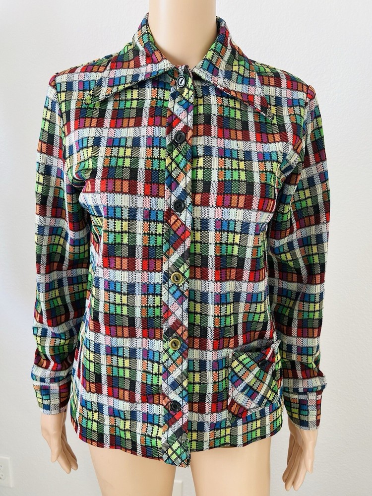 VTG 70s JC Penney Fashions Button Up Poly Tartan Plaid Shirt Top Wide Lapel M**