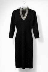 Vtg 50s Couture GENE SHELLY Boutique International Rhinestone Wool BEADED Dress