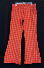 Vintage 1970s red plaid bellbottoms, white orange cotton Dickies pants jeans M