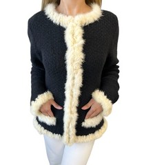 CHANEL Vintage 03A CC Logo Button Fur Trim Knit Jacket #42 Black White Mohair