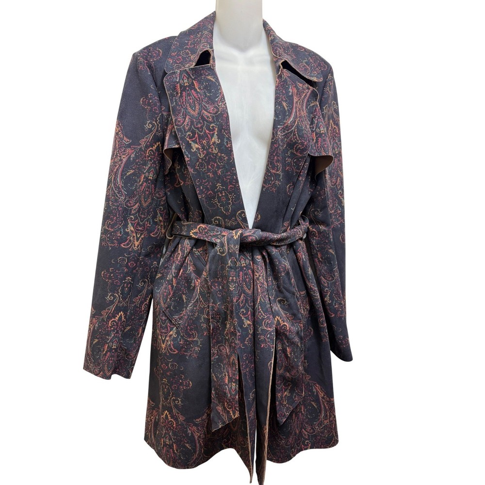 Solitaire Anthropologie Belted Coat Women XL Blue Paisley Faux Suede Boho Jacket