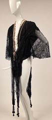 EDWARDIAN HAND MADE CLUNY LACE JACKET W LAME KNOT EDGING + BELL SLEEVES + TAILS
