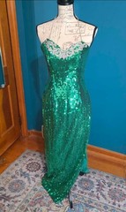 Vintage 80s Loralie Emerald Green Sequin Gown – Strapless Halter Formal