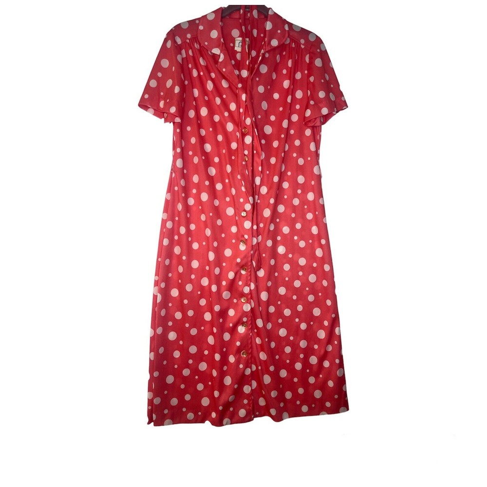 Three R’s Vintage Pink White Polka Dot Blouson Short Sleeve Midi Dress size 14.5
