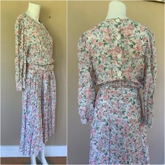 Vintage Long Sleeve A-Line Midi Dress w Belt | 80s Floral Tea Length Dress S/M