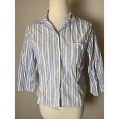 Vintage 1940s 1950s Blue White Striped Button Down Blouse 3/4 Sleeve Camp Collar