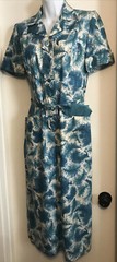 Vintage 60s Teal Blue & Cream Feather Print Belted Cotton Dress Back Accent EVC!