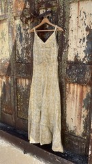 1940s Art Deco Antique Gold Cream Floral Brocade Formal Maxi Summer Dress Gown S