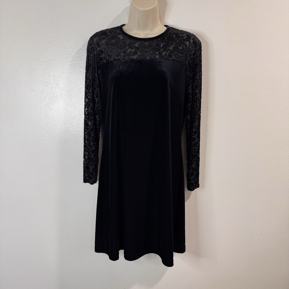 Vtg 90s Jacqueline Ferrar Shirt Dress 8P Velvet Burnout Goth Whimsigoth Black