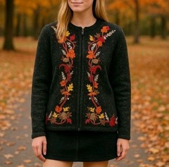 Vintage Croft & Barrow Foliage Acorn Fall Leaf Embroidered Zip Cardigan Size M