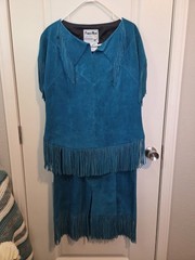 Vintage Pioneer Wear Genuine Turquoise Cowhide Shirt Skirt Set Fringe Sz 14