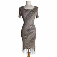 Vintage 90s Gold Sheen Crochet Lace Fringe Flapper Dress Pointelle Mesh Small
