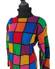 VTG 90s Rafaella Multicolored Squares Turtleneck Oversized Sweater Size Medium