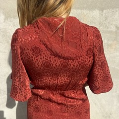 Vintage 1930s Red Deco Snakeskin Brocade Satin Rayon Dress Bonwit Teller Ruffle