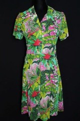 RARE VINTAGE FRENCH 1980’S COTTON/POLY VIVID JUNGLE FLORAL PRINT DRESS SIZE 8
