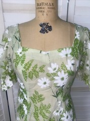 Vintage 60s 70s Handmade Green Floral Maxi Dress Flowy Short Sleeves S/M