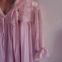 Vintage 1960s GMc Pink Peignoir Babydoll Set Lined Lace Sleeve Rosette ILGWU SML
