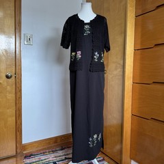 Vintage 90s Teddi 2 Piece Black Embroidered Maxi Dress & Crochet Cardigan