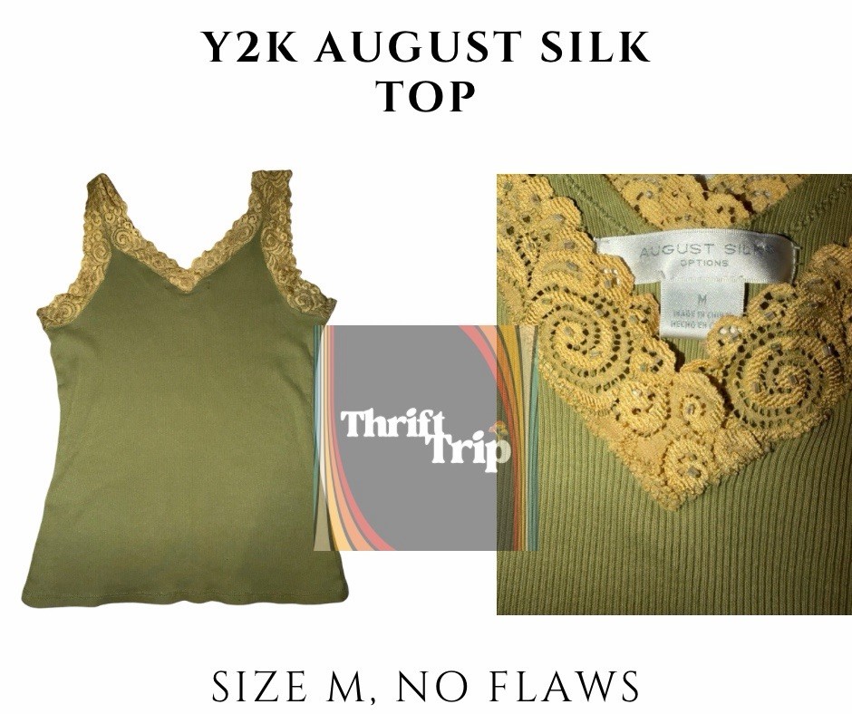 August Silk Lace Trim Olive Gold Tank Top Regular Size M 2000s Y2K Fashion