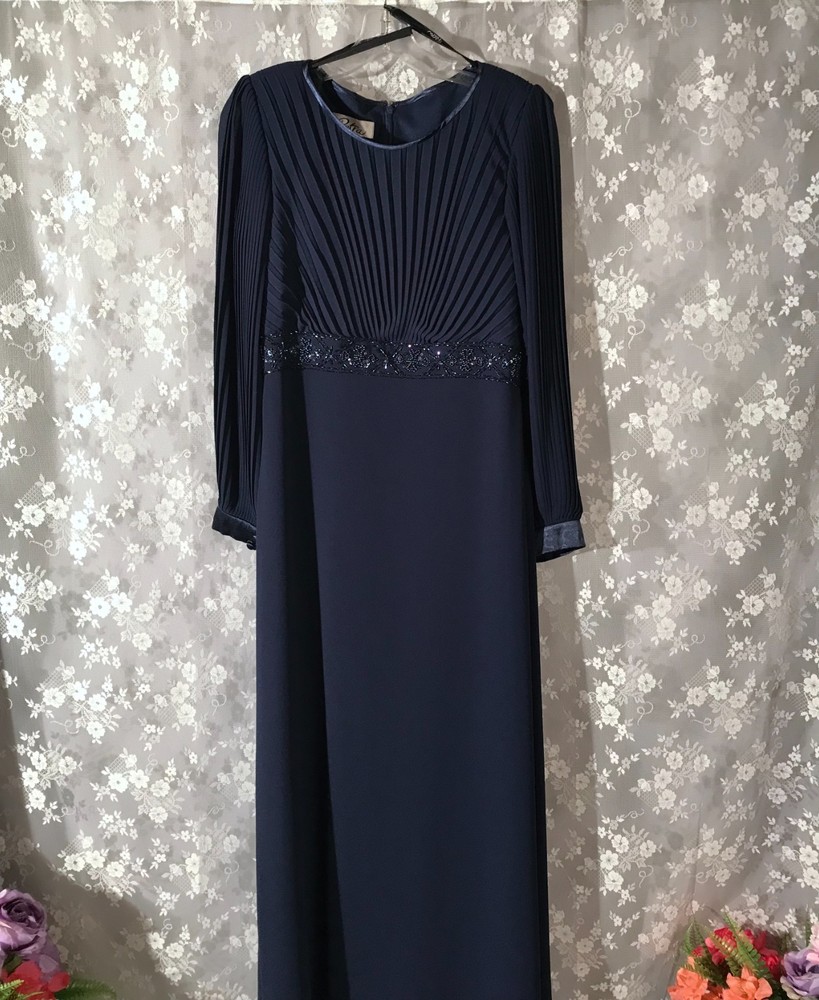 Vintage 90s Evening Gown Size Medium 1990s Retro Dark Blue Beaded Elegant Maxi