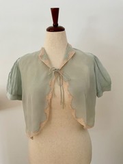 1930s Silk Chiffon Bed Jacket with Blush Lace | Antique Boudoir Blouse-Aqua