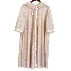 Vintage Odette Barsa Rose Beige Lace Peignoir Robe Ribbon Trim Boudoir Romantic