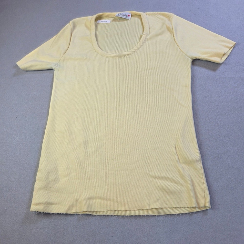 Vintage Personal Leslie Fay Ribbed Scoop Neck Top Yellow Distressed 70s 80s